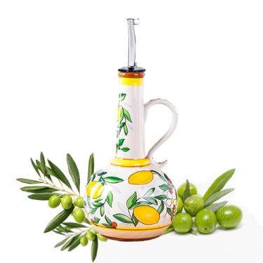 Imagem de Gnlnkn Garrafa dispensadora de azeite de oliva de cerâmica – Galheteiro de óleo de 520 ml com bico e alça, padrão limão, 26 cm de altura - Despejador sem gotejamento para balcão de cozinha, molho de