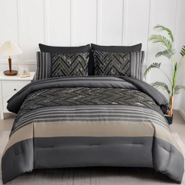 Imagem de Luxudecor Conjunto de edredom queen cinza escuro, 7 peças, listrado, geométrico, conjunto de lençol e edredom de mármore, microfibra macia para todas as estações