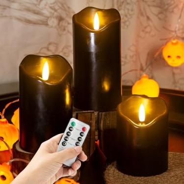 Imagem de LUSHARBOR Velas sem chama de Halloween com controle remoto, pacote com 3 velas cintilantes de cera operadas por bateria, decoração de festa de Halloween para lareira/prateleira/centro de mesa, preto
