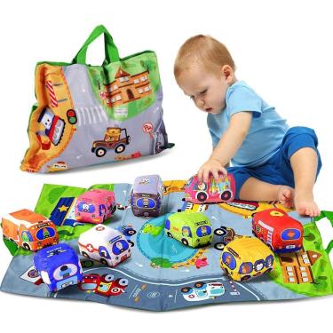Imagem de Conjunto de brinquedos macios para carros ALASOU com tapete de brincadeira/bolsa de armazenamento de 1 a 2 anos