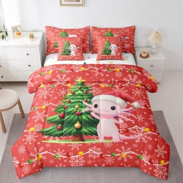 Imagem de Erosebridal Jogo de cama casal com axolotl de Natal, 7 peças, para crianças, adolescentes, lençol com lençol de cima, lençol com elástico, lençol de cima e floco de neve branco