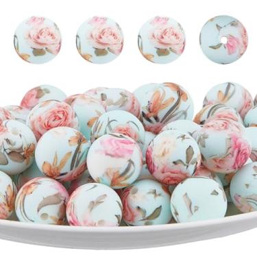 Imagem de DICOSMETIC 50 peças de contas de silicone impressas em flores redondas contas focais de silicone contas florais de borracha 15 mm grande conta focal para canetas com contas chaveiro cordão fabricação