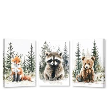 Imagem de CXHOSTENT Arte de parede de berçário de animais da floresta decoração de parede de animais da floresta 3 peças imagens de urso guaxinim raposa tela de aventura decoração de quarto infantil emoldurada