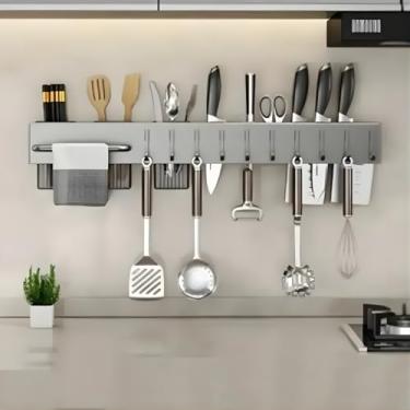 Imagem de Suporte Organizador de Cozinha em Aço Inox, 59,5 cm, 10 Ganchos, Barra Porta Utensílios e Facas, Cinza