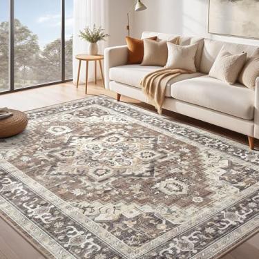 Imagem de Tapete lavável 20 x 25 cm; boho vintage envelhecido medalhão oriental neutro fino grande tapete para sala de estar, quarto, sala de jantar, decoração de escritório em casa - marrom escuro