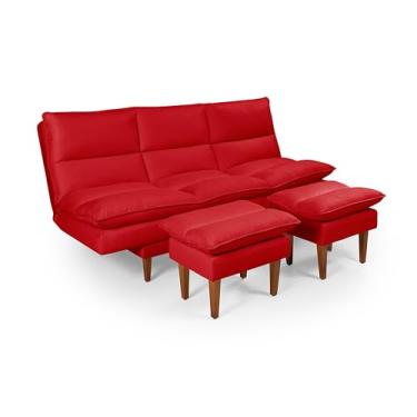 Imagem de Sofá-Cama Chaise Vancouver com 2 Banquetas Tecido em Suede Vermelho com 3 Lugares e 5 Posições Ajustáveis