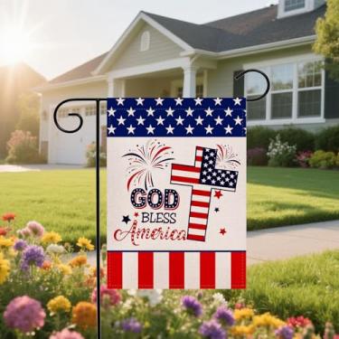 Imagem de Bandeira de jardim de 4 de julho 31 x 45 cm dupla face externa, decoração de quintal ao ar livre do dia em memória de fogos de artifício, mastro de bandeira não incluído