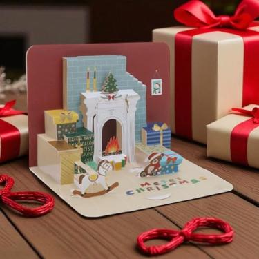 Imagem de 1 peça cartão comemorativo lareira-design papel cores sortidas 15,5 x 11,3 x 1 cm