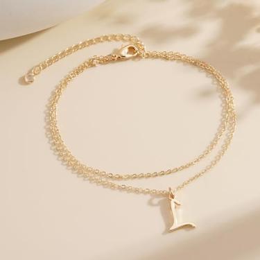 Imagem de Tornozeleiras banhadas a ouro 14K para mulheres - tornozeleira de aço inoxidável A-Z com pingente de símbolo inicial de A-Z, hipoalergênica, impermeável, aniversário, Natal, mãe, avó, 7, Latão, Sem