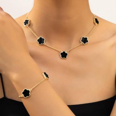 Imagem de 1 colar de flores de trevo de cinco folhas, joia feminina em tom preto e dourado, acessório moderno para uso casual, joia moderna para ela (preto e dourado)