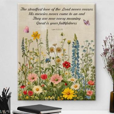 Imagem de Pôster cristão de arte de parede com versículo bíblico Lamentações 3 Firmes Amor ao Senhor Impressão Escritura Flores Silvestres Imagem Obra de Arte Emoldurada para Decoração de Casa Quarto Sala de