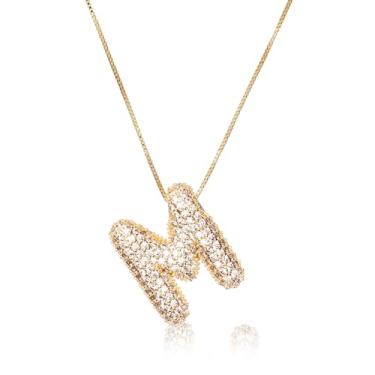 Imagem de Colar feminino, colar com letra de diamante dourado com inicial de zircão, alfabeto, colar de bolhas de cristal, pingente de nome, joia feminina (M)