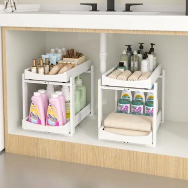 Imagem de Organizador e armazenamento sob a pia de bambu, pacote com 2, organização de armário removível, prateleira de armazenamento vertical de 2 níveis, prateleiras organizadoras multiuso para cozinha