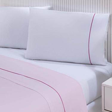 Imagem de Jogo De Cama 100% Algodão Percal 150 Fios Solteiro Gran Moratta 3 Peças - Branco E Rosa