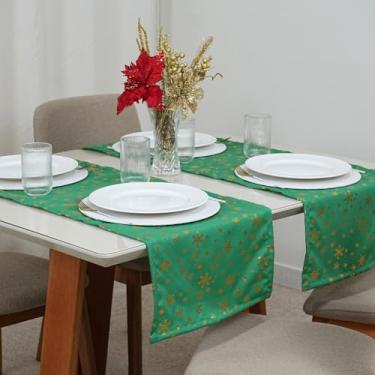 Imagem de Caminho de Mesa Natalino, Estampa de Flocos Dourados, Oxford 100% Poliéster, 130 x 40 cm, Decoração para Festas (Verde Natalino)