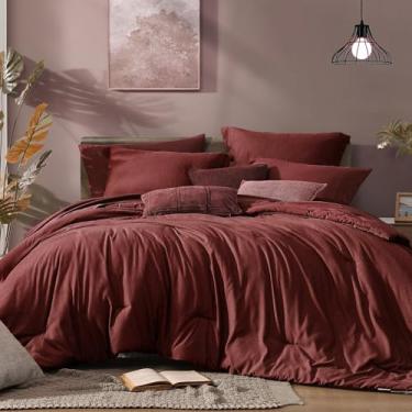 Imagem de Monbix Conjunto de edredom casal, vermelho, reversível, 7 peças, cama de tingimento catiônico em uma bolsa com edredom, lençóis, fronhas e fronhas