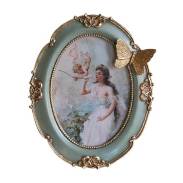Imagem de Fenteer Moldura oval vintage para fotos, porta-retratos de resina, porta-cartões de mesa, para pendurar na parede ou para mesa, para Natal, escritório e ano, Verde