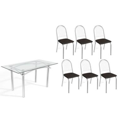 Imagem de Conjunto: Mesa Sala Jantar Elba C- Tampo De Vidro 150cm E 6 Cadeiras Noruega Cromada - Courano Preto - Kappesberg
