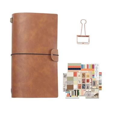 Imagem de WREWING Caderno Travelers, diário de couro feito à mão de 21 x 12 cm, diário de viagem com porta-canetas, armazenamento de cartões, adesivos vintage, recarregável para homens e mulheres (Tawny-B)