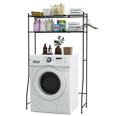 Imagem de Whitmor Prateleiras de lavadora e secadora: Prateleira de secagem expansível de 2 níveis, prateleira de máquina de lavar de metal com haste de gancho, prateleira de banheiro de altura ajustável, 66-94