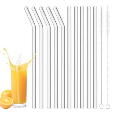 Imagem de 10 canudos de vidro resistentes a quebras, canudos transparentes reutilizáveis de 20 cm de comprimento, com 2 escovas de limpeza, 5 canudos de vidro retos e 5 dobrados para bebidas, leite, sucos, café