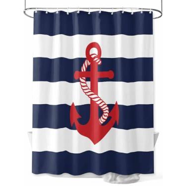 Imagem de Cortina de chuveiro de âncora costeira vermelha, simples, vintage, listrada, impermeável, lavável, conjunto de cortinas de banheiro para decoração de banheiro, 91 x 182 cm de comprimento, branco azul