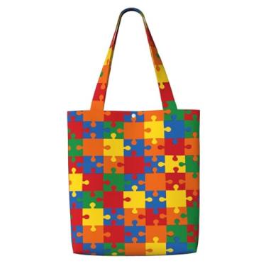 Imagem de Sacola de lona estética para mulheres, bolsas de ombro reutilizáveis para férias, compras, trabalho, mercearia, Cérebro de conscientização do autismo colorido, One Size