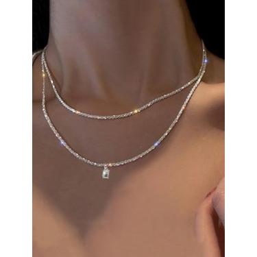 Imagem de Colar elegante com pingente de cristal prateado – Colar deslumbrante com cristal retangular transparente, design de camada dupla