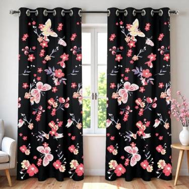 Imagem de SDIII Cortinas blackout de borboleta rosa 203 x 137 cm, conjunto de 2 painéis, microfibra, borboleta vintage e cortinas estampadas florais para quarto