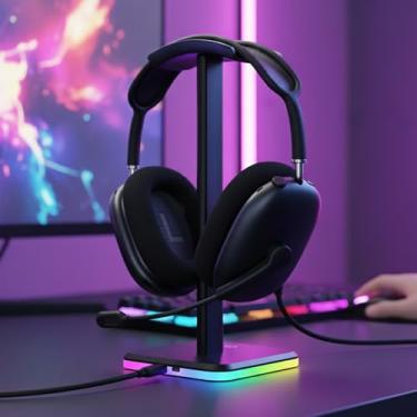 Imagem de RGB Headphone Stand with Touch Control, Gaming Headset Stand with 2 USB-C Charging Ports, 3 Dynamic RGB Modes, 7-Color Breathing & Single-Color Cycle Lights, Plug-in Plastic Bar Version (Black)