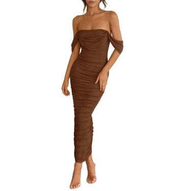 Imagem de Vestido feminino PRETTYGARDEN 2025, verão, sem ombros, marrom S