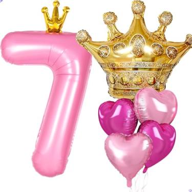 Imagem de Decorações de festa de 7º aniversário de princesa, coroa rosa grande de 101,6 cm, 7 balões para meninas, decorações de aniversário de princesa real, lembrancinhas de festa, aniversários (balão de