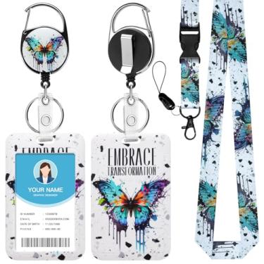 Imagem de Soleebee Cordão de renascimento de borboleta para crachás de identificação, lindo suporte de crachá de identificação e cordão destacável, chaveiro retrátil, carretel de crachá resistente com clipe