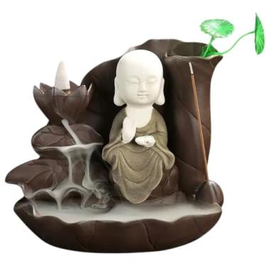 Imagem de Incensário Cascata Monge Buda Cerâmica Com Flor De Lótus E Efeito De Fumaça Decorativo Zen 14 Cm