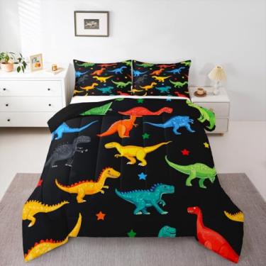 Imagem de Feelyou Conjunto de cama de dinossauro colorido, macio para meninos e meninas, conjunto de edredom solteiro, estampa de dinossauro, edredom de microfibra, animal selvagem, 2 peças com 1 fronha