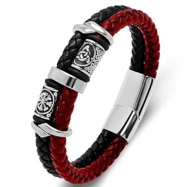 Imagem de RGEMCY Pulseira masculina de couro trançado de duas fileiras de aço inoxidável com contas de couro de camada dupla, pulseira viking, presente para homens, 8.27Inches, Couro, Sem Pedra Preciosa