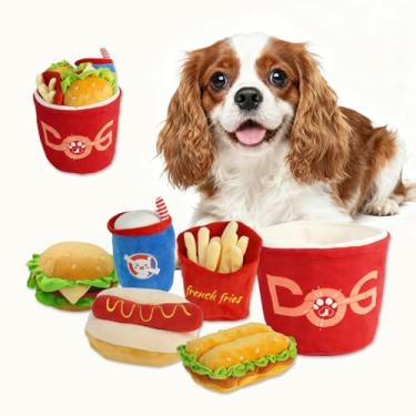 Imagem de Brinquedos para cães Squeaky Pacote com 6 brinquedos para mastigar fast food conjunto de brinquedos de pelúcia para cães: balde de petisco, frango, hamburgo, batatas fritas, cola, cachorro-quente