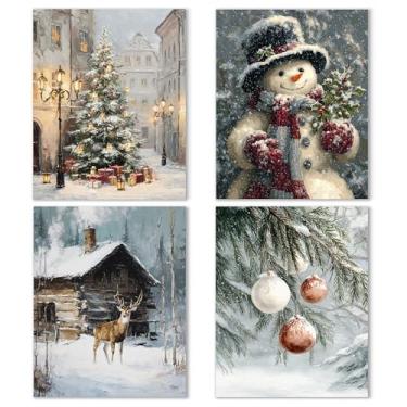 Imagem de Noaleviax Conjunto de pôster de parede de Natal vintage - decoração de parede rústica com tema natalino de boneco de neve, imagens de inverno, arte de parede para quarto, sala de aula, dormitório