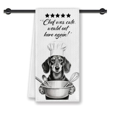 Imagem de CosxHabitat Engraçados panos de prato de cozinha Dachshund, presentes para amantes de dachshund, presentes de cachorro Weiner, Chef was Cute Would Eat Here Again Toalhas de chá decorativas de mão para