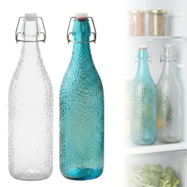Imagem de Garrafa De Vidro 1 Litro Água Suco Tampa Hermética Transparente Azul Kit Servir Mesa Geladeira (azul)