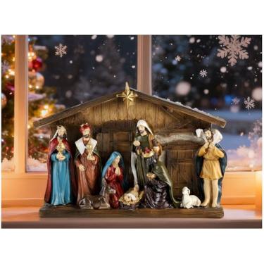 Imagem de Conjunto de presépio de Natal de 11 peças – Escultura da Sagrada Família conectada de 30 cm com manjedoura, decorações de mesa religiosas, decoração católica de resina pintada à mão para mesa e