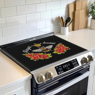 Imagem de Queen Bee Honey Bee Flores Fogão Tampa superior Vidro Fogão Cerâmica Resistente ao Calor Cobertura Superior Tapete Evita Arranhar Fogões/Balcão/Lavadora, 71 x 50 cm