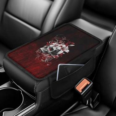 Imagem de Baxinh Caixa de apoio de braço de carro impressa Skull Lily Capa gótica para console central de carro com 2 sacos de armazenamento, almofada de descanso de braço de carro, capa protetora universal