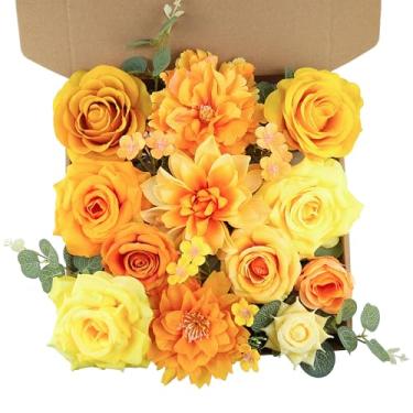 Imagem de YUAGOLLE Flores artificiais para decoração de casa: conjunto de flores falsas de seda amarela, buquês de rosas de peônia com hastes para centro de mesa, casamento DIY, chá de panela, boné de formatura