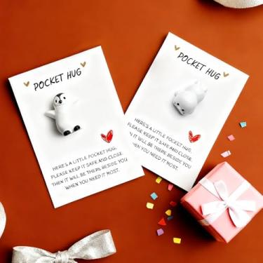 Imagem de 4 cartões de abraço de bolso (2 pinguins e 2 focas) – Mini lembranças temáticas de animais com cartões de mensagens, presentes de incentivo para amigos/amantes/família, presentes de aniversário