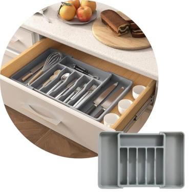 Imagem de STYD Porta Talheres Expansível, Organizador de Gaveta Ajustável, 8 Divisórias, Organizador Multiuso Ideal para Utensílios de Cozinha, Ferramentas, Maquiagem e Itens de Escritório (Cinza)