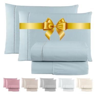 Imagem de Jogo de Lençol 600 Fios Cama Solteiro Casal Queen e King Premium Extra Macio - Roupa De Cama Antiácaro (Azul, Casal 4 Peças)