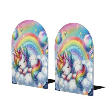 Imagem de Adorável unicórnio arco-íris grande suporte de livros de madeira decorativo antiderrapante resistente terminais de livros para escritório mesa de escritório em casa biblioteca escola estudo decoração