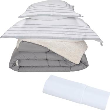 Imagem de Kit 4PCS Cobertor Edredom Sherpa Lã Carneiro Dupla Face 400 Fios (CInza Concreto, Solteiro)