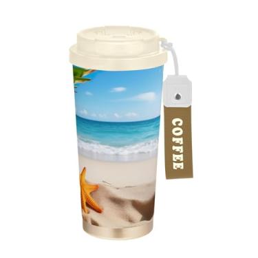 Imagem de SEHANY Caneca de viagem Summer Sea Beach Starfish 482 g Copos de café reutilizáveis revestidos de cerâmica com tampa à prova de vazamento, parede dupla, isolamento a vácuo, copo de café de aço
